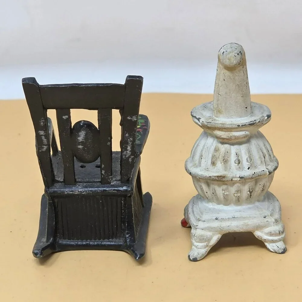 Vintage Cast Iron Miniature Rocking Chair & Stove Set With Floral Accents‎